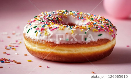 Delicious Pink Frosted Donut With Colorful Sprinkles on a Pastel Background. Delicious Pink Frosted Donut With Colorful Sprinkles on a Pastel Background. 126965910