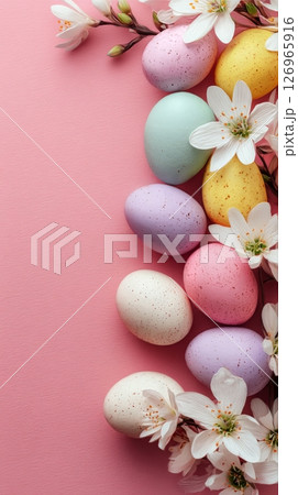 Colorful Easter Eggs Arranged With Delicate Flowers on a Pastel Pink Background. 126965916