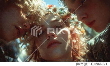 Three young individuals captured in soft sunlight, with the central figure wearing a daisy flower crown and a serene expression 126966071
