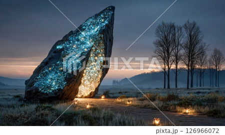 A jagged stone monolith glowing with blue and golden lights, set against a serene landscape at dusk 126966072