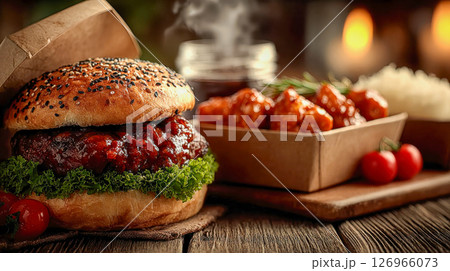 Close-up of a gourmet burger with sesame seed bun, lettuce, and barbecue sauce, served with glazed chicken wings and rice 126966073