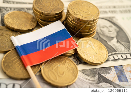 Russia flag on coin and banknote money, finance trading investment business currency. Russia flag on coin and banknote money, finance trading investment business currency. 126966112