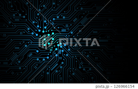 Abstract blue circuit board technology connected lines electronics elements computer motherboard chip processor semiconductor digital on black background vector 126966154