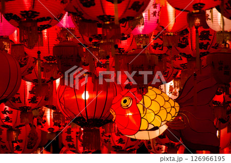 赤いランタンと鯉の飾り｜中華風の華やかな装飾 126966195
