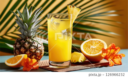 Glass of pineapple juice with ice and citrus garnish in tropical setting 126966232