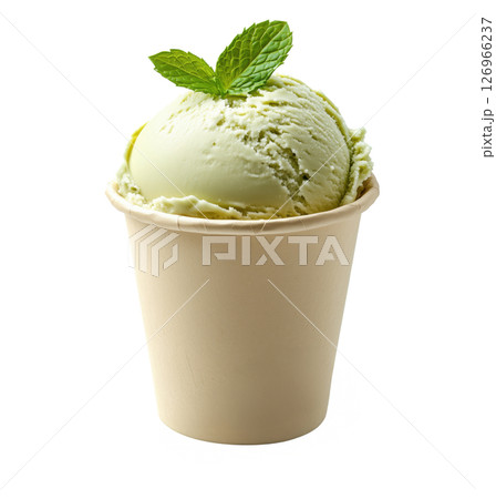 Mint Ice Cream in Paper Cup with Fresh Leaf Isolated on White Background 126966237