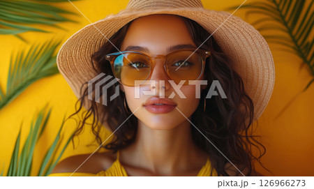 Confident woman in sunglasses and straw hat with tropical background Confident woman in sunglasses and straw hat with tropical background 126966273
