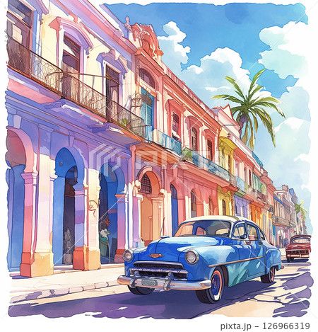 Classic car drives through colorful streets of Havana with colonial architecture and palm trees in daylight 126966319