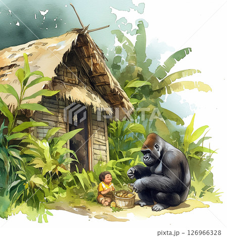 Gorilla interacts with child in a lush jungle setting near a traditional hut during the day Gorilla interacts with child in a lush jungle setting near a traditional hut during the day 126966328