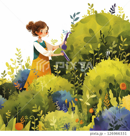 Girl tending to lush garden with vibrant greenery during a sunny day Girl tending to lush garden with vibrant greenery during a sunny day 126966331