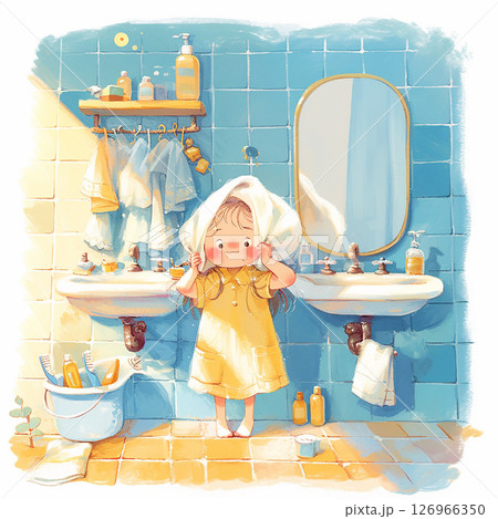 Little girl enjoying bath time in a bright and cheerful bathroom setting 126966350