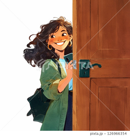 Young woman cheerfully opens the door with a smartphone in hand, brightening the entrance of a cozy house Young woman cheerfully opens the door with a smartphone in hand, brightening the entrance of a cozy house 126966354