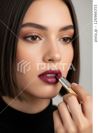 Close-up of a woman applying vibrant red lipstick, highlighting her perfectly defined lips and the allure of classic beauty makeup Close-up of a woman applying vibrant red lipstick, highlighting her perfectly defined lips and the allure of classic beauty makeup 126966355