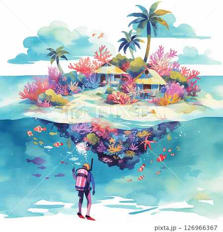 Colorful coral reef and tropical island viewed from underwater with a diver exploring vibrant marine life 126966367