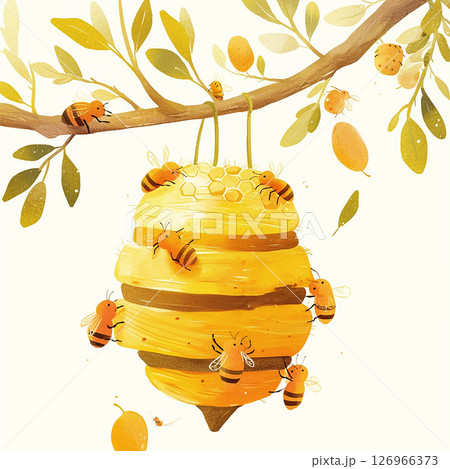 Bees gather around a vibrant hive on a branch in a sunny orchard during springtime 126966373