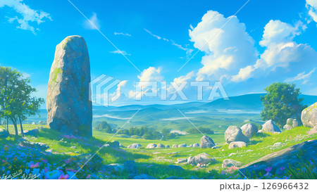 春の陽気と巨大な岩の風景、アニメ風 126966432