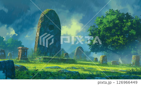 雨の日と巨大な岩の風景、アニメ風 126966449