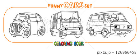 Funny vintage cars with eyes. Coloring book set 126966458