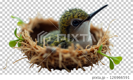 Nestled in a tiny nest woven from spider silk, a nearly bare-skinned hummingbird chick with tiny, tightly folded wings rests peacefully. Its vibrant plumage hints at the beauty to come. 126966591