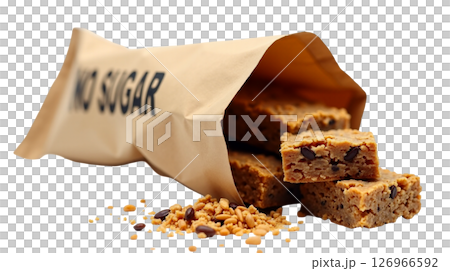 Kraft paper pouch displays several crunchy granola bars with a clear label indicating no sugar. Ideal for health-conscious snackers looking for guilt-free treats. 126966592