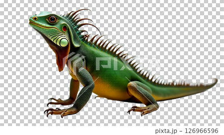This stoic iguana stands in side profile, exhibiting a spiked ridge along its back. Its textured green skin features vibrant splashes of orange, emphasizing its unique appearance. 126966596
