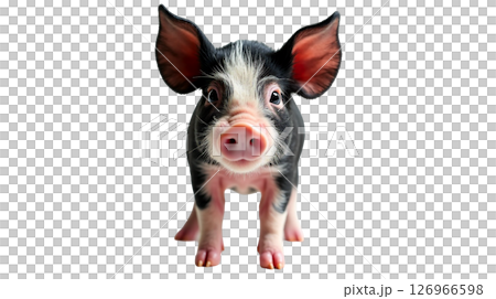 A cute Vietnamese pot bellied piglet stands facing forward, showcasing its small stature and playful personality. Its large ears and bright eyes reflect curiosity, inviting warmth and attention. A cute Vietnamese pot bellied piglet stands facing forward, showcasing its small stature and playful personality. Its large ears and bright eyes reflect curiosity, inviting warmth and attention. 126966598