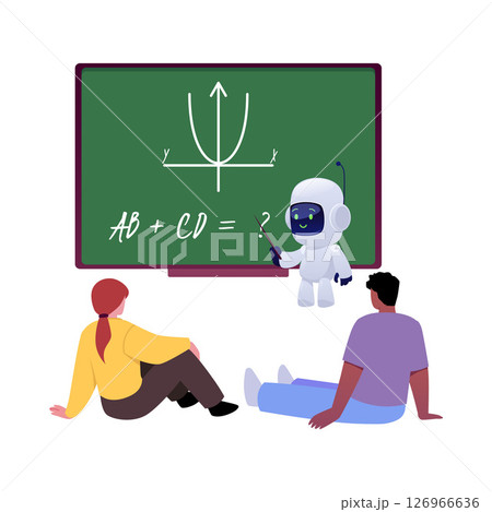 Chatbot robot teacher shows on chalk board with mathematical diagram, vector Artificial intelligence education 126966636
