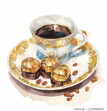 Coffee served with assorted chocolates on a decorative plate during afternoon relaxing time 126966681