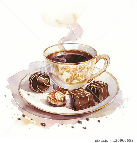 Coffee served with assorted chocolates on a decorative plate during afternoon relaxing time Coffee served with assorted chocolates on a decorative plate during afternoon relaxing time 126966682