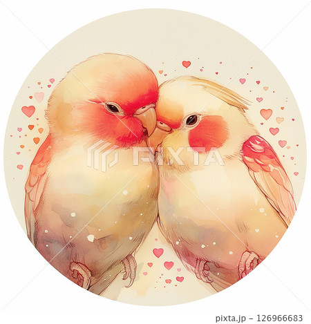 Colorful lovebirds perched together in a tender moment surrounded by hearts and soft splashes of color 126966683