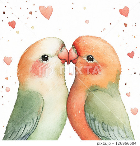 Colorful lovebirds perched together in a tender moment surrounded by hearts and soft splashes of color 126966684
