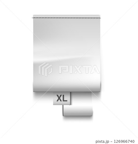 White textile several loop labels sewn vertically, vector realistic cloth fabric tags XL size, cotton silk badge mockup White textile several loop labels sewn vertically, vector realistic cloth fabric tags XL size, cotton silk badge mockup 126966740