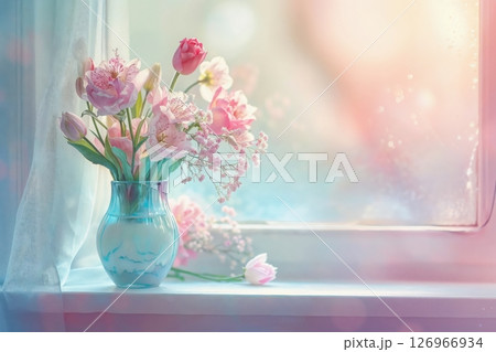 Pastel Floral Arrangement in Iridescent Vase by Sunny Window 126966934