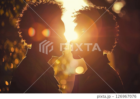 Two silhouettes face each other in a golden sunset, bathed in warm light and lens flare 126967076