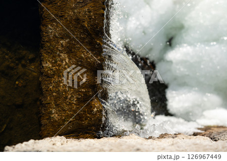 Waterfall view from above. Falling water, foam from the waterfall. Winter 126967449