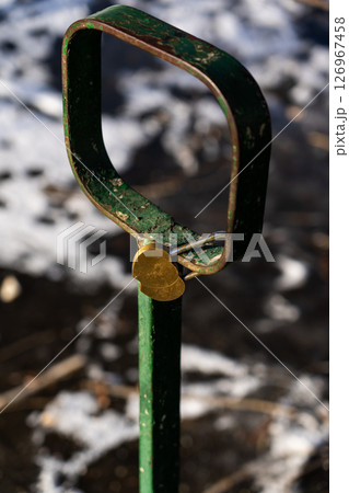 Iron, old handrails with a lock on them. Love lock on the railing 126967458