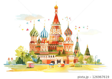 Explore a vibrant watercolor of iconic architecture featuring intricate domes and bustling street life Explore a vibrant watercolor of iconic architecture featuring intricate domes and bustling street life 126967619