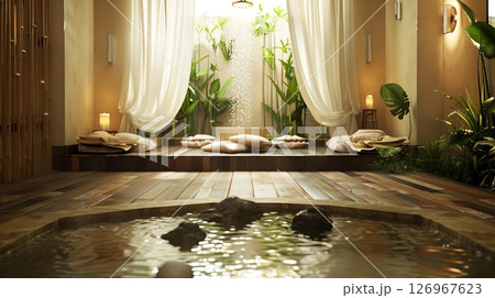 Tranquil oasis with lush greenery and serene ambiance, ideal for relaxation and peaceful moments 126967623