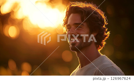 A serene moment captured young man with the golden hues of a sunset A serene moment captured young man with the golden hues of a sunset 126967624
