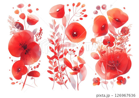 Vibrant red poppies and delicate foliage blend harmoniously to create an enchanting floral masterpiece. Vibrant red poppies and delicate foliage blend harmoniously to create an enchanting floral masterpiece. 126967636