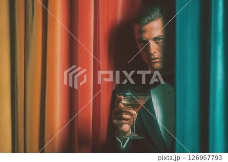 Tuxedoed Secret Agent Hidden Behind Velvet Curtain with Martini in Hand Tuxedoed Secret Agent Hidden Behind Velvet Curtain with Martini in Hand 126967793