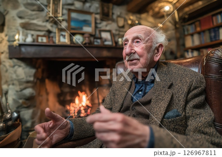 Elderly man by fire shares memories with sparks and laughter in air 126967811