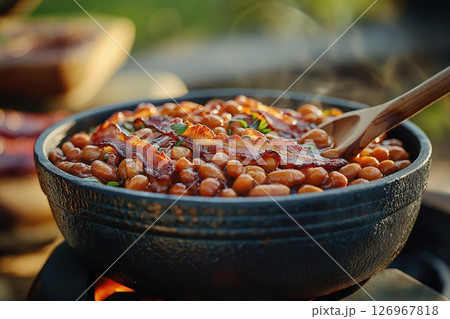 Smoky baked beans with bacon in rustic bowl under warm summer picnic light 126967818