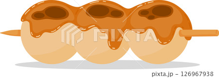 Cartoon Dango Skewer. Japanese Traditional Sweet Mochi Balls with Mitarashi Sauce. Hanami Street Food Dessert Illustration Isolated on White for Menu, Sticker, or Asian Cuisine Design 126967938
