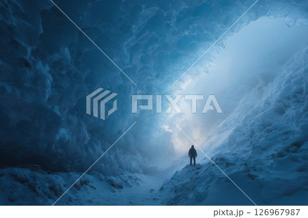 Icelandic Ice Cave Glows as Traveler Looks Up at Frozen Ceiling Icelandic Ice Cave Glows as Traveler Looks Up at Frozen Ceiling 126967987