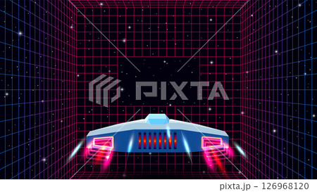 Arcade space ship flying through the triangular gate, 80s style synthwave or retrowave illustration 126968120