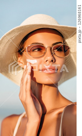 UV Safety Month. Woman applying sunscreen on her face while wearing sunglasses and a wide-brimmed hat, enjoying a sunny day outdoors, promoting UV safety awareness 126968161