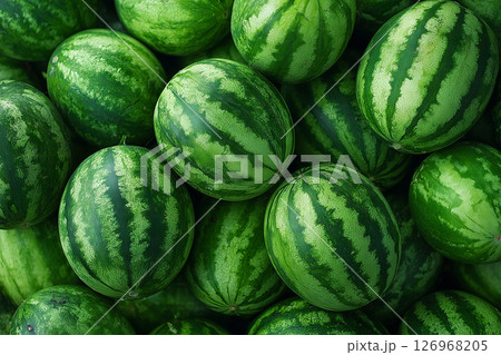 Fresh watermelons piled together in a vibrant market display 126968205
