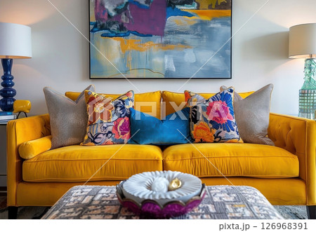 Brighten your space with this vibrant yellow sofa adorned with colorful, floral pillows and modern art, blending comfort and style effortlessly.  126968391