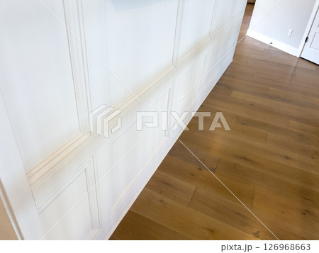Clean interior shot showcasing a white wainscoting accent wall paired with light natural hardwood flooring. The crisp, modern design highlights architectural detail and home elegance, perfect for 126968663